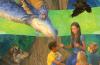 Artwork from the Storytelling Festival programs, including some children, animals, and a dragon