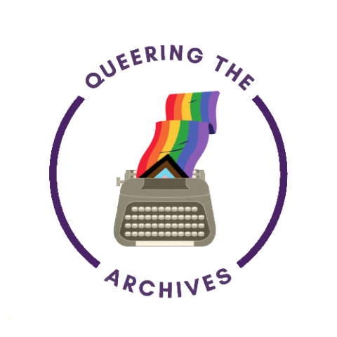 Typewriter with a Pride flag where the paper would be surrounded by a circle with the words "Queering the Archives" in it.