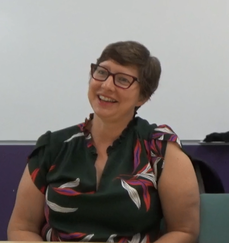 A still image of Angela Choberka during her oral history interview on September 3, 2019