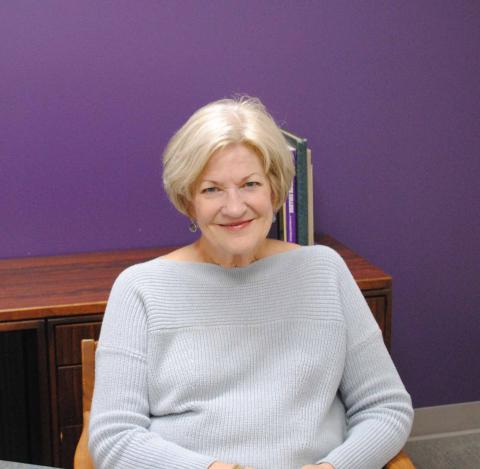 A portrait image of Karen Fairbanks taken on April 4, 2019, in the Stewart Library, during her oral history interview. 